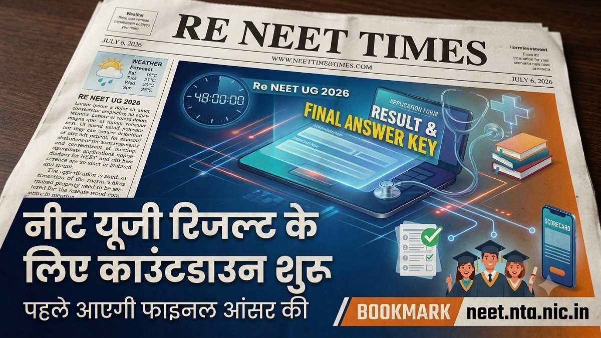 Re NEET Result Date 2026 update graphic showing NEET UG 2026 final answer key, expected result date, and scorecard download steps from NTA official website.