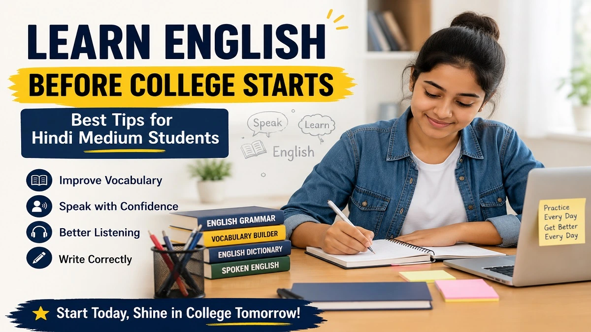 Learn English Before College Starts with easy English speaking, vocabulary, reading, and writing tips for Hindi medium students.