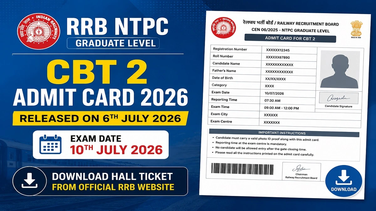 RRB NTPC Graduate CBT 2 Admit Card 2026 featured banner displaying admit card details, exam release date 6 July 2026, and exam date 10 July 2026 with download instructions.