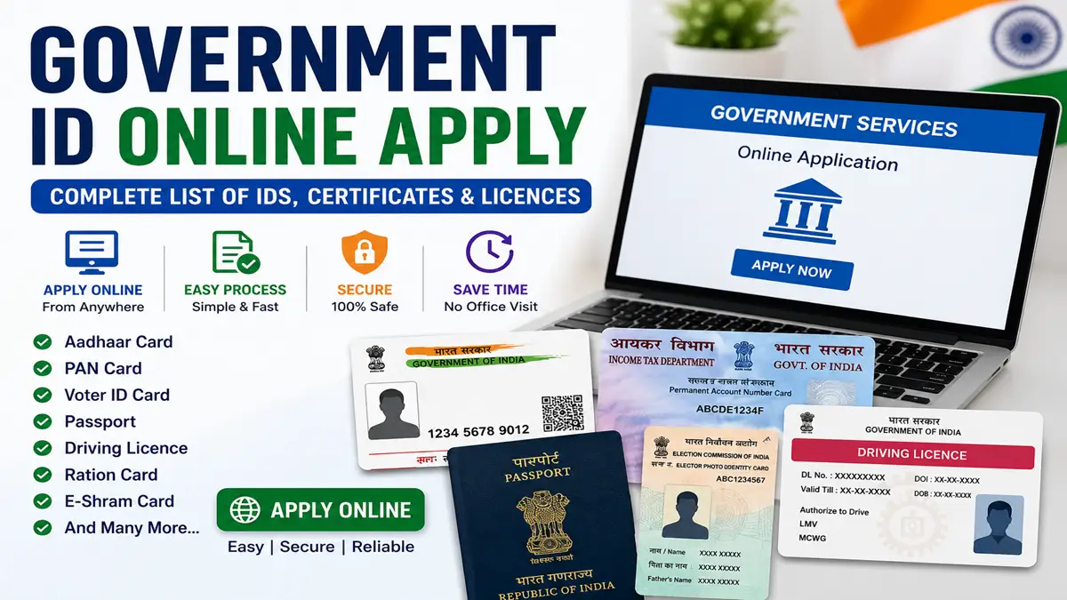 Government ID Online Apply 2026 showing Aadhaar Card, PAN Card, Voter ID, Passport, Driving Licence, Ration Card and other Government IDs, Certificates and Licences in India.