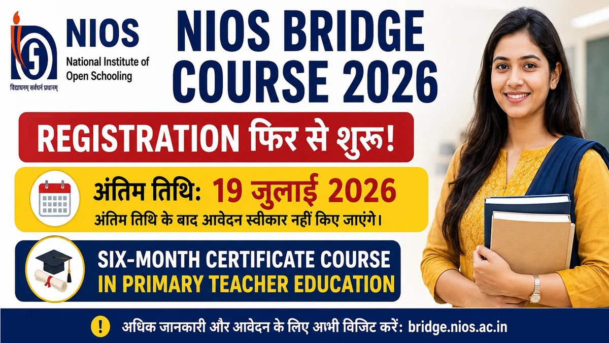 NIOS Bridge Course 2026 Registration Reopens, eligible teachers can apply online for the six-month certificate course before July 19, 2026.
